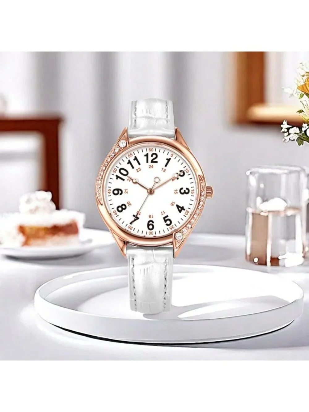 Women's White Analog Quartz Leather Band Crystal Rhinestone Bezel Wrist Watch